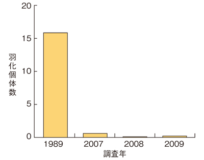 図2：石川県野々市市の水田のアキアカネ羽化数の変化（水田1枚当たり、調査１回当たりの平均羽化個体数）