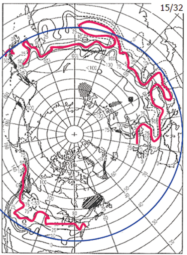 図２：1月末に1インチ（2.54cm）以上の積雪が存在する可能性（％）と多雪地域（斜線部）の分布。北陸地方に積雪がある可能性は50％（赤線で表記）。同緯度の北緯35度（青線）海抜0mで50%に達している地域はない。最も低緯度に位置する多雪地域。（Dickson and Posey（1967）および渡辺（1980）に著者加筆）